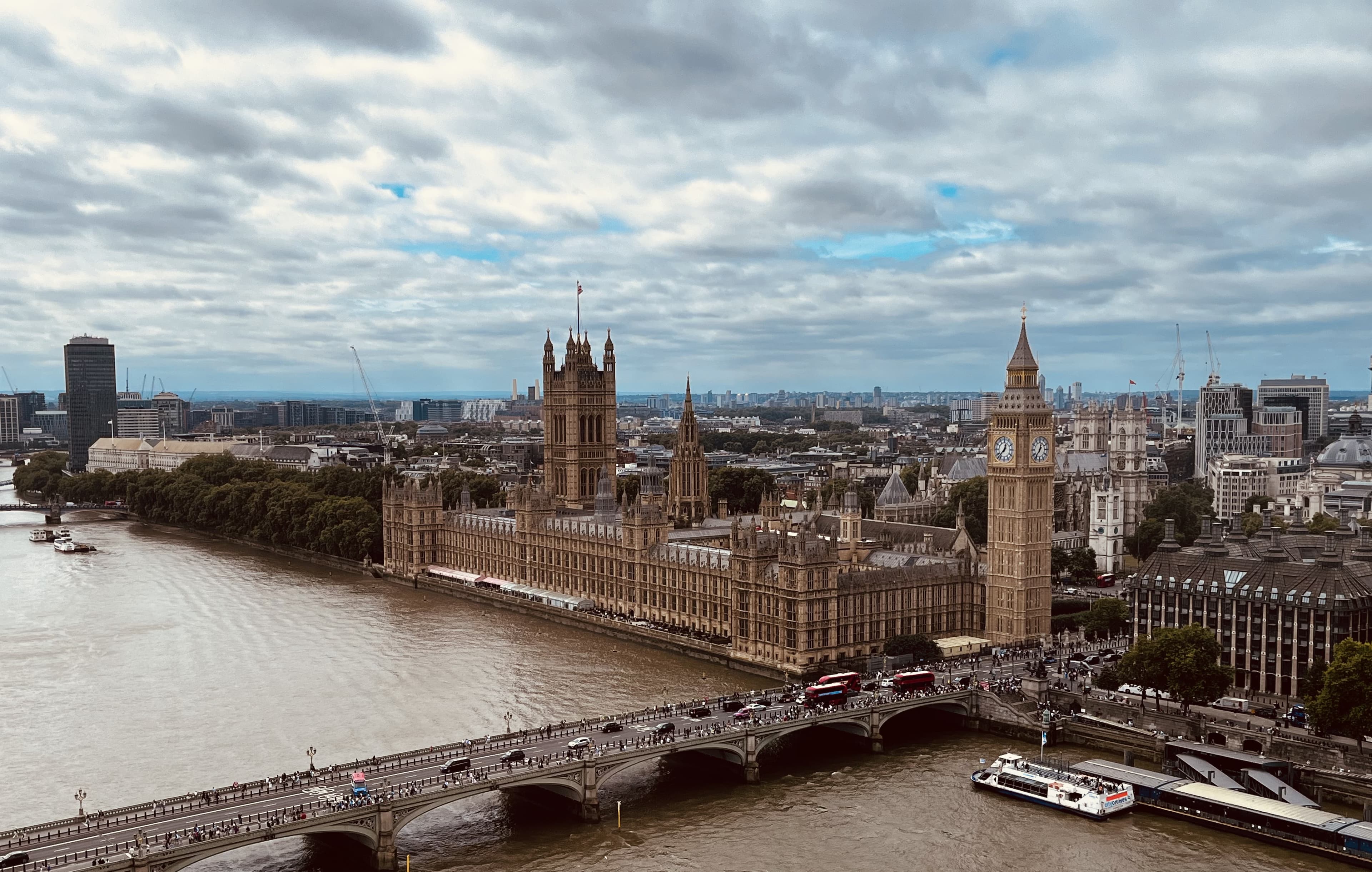 Aerial view of the Palace of Westminster, Big Ben and Westminster Bridge, London